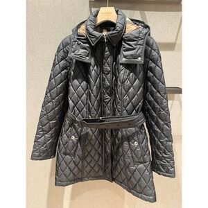 Burberry Baughton Woman Quilted Diamond Coat Zip Belted Black Hooded Parka